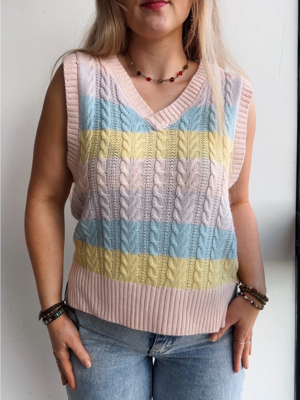 NWOT Pastel Cable Knit V-Neck Sweater Vest - Pink/Blue/Yellow